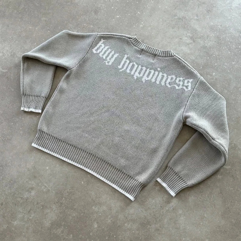 Y2K Round Neck Gray Knitted Sweater New Popular Symbol Pattern Retro Harajuku Pullover Autumn Winter Warm Boxy Men's Clothing